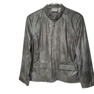 Alfred Dunner Faux Gray Silver Lightweight Zip Front Casual Jacket Women SZ 12